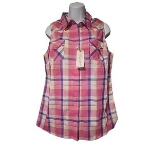 NWT Wrangler Wrancher Shirts Women's Pearl Snap Button Up Tank Top Pink Size M